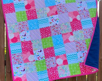 Twin Quilt Bedding in Pink Patchwork. Throw Blanket for Little Girl Bed.