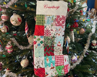 Quilted Christmas Stockings for Family or Dog Embroidered Stocking. Unique Farmhouse Holiday Personalized Patchwork Handmade Homemade Xmas
