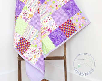 Patchwork Quilted Blanket or Bedding for First Birthday Gift. Lavender Toddler Quilt.