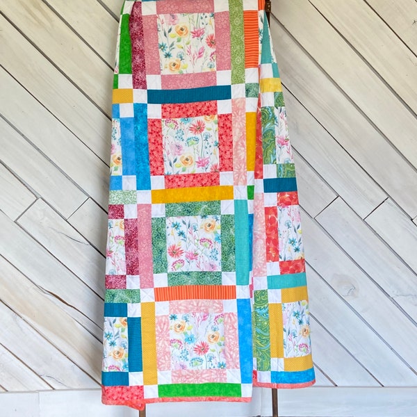 Homemade Quilts In Modern Patchwork with Bright Florals. Maximalist Patchwork Quilt, Woven Throw Blanket, Bed Spreads Twin Size