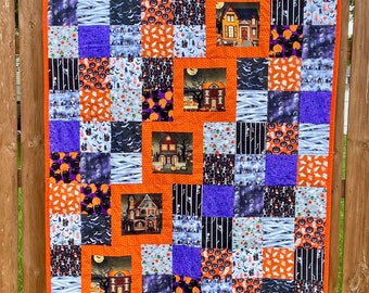 Halloween Blanket with Blocks Featuring a Haunted House. Handmade Fall Quilt in Purple, with Pumpkins. Woven Throw Blanket for Outdoor Decor