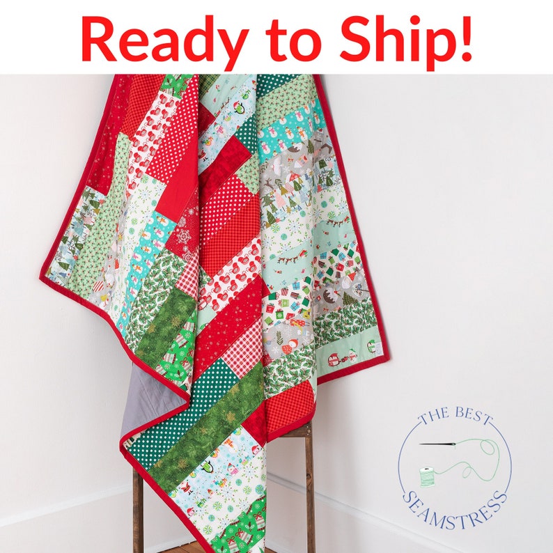 Modern Christmas Patchwork Quilt. Large Throw Blanket for Holidays Ready to Ship. Cozy Blanket, Traditional Twin Size Quilt or Bed Spreads. image 3