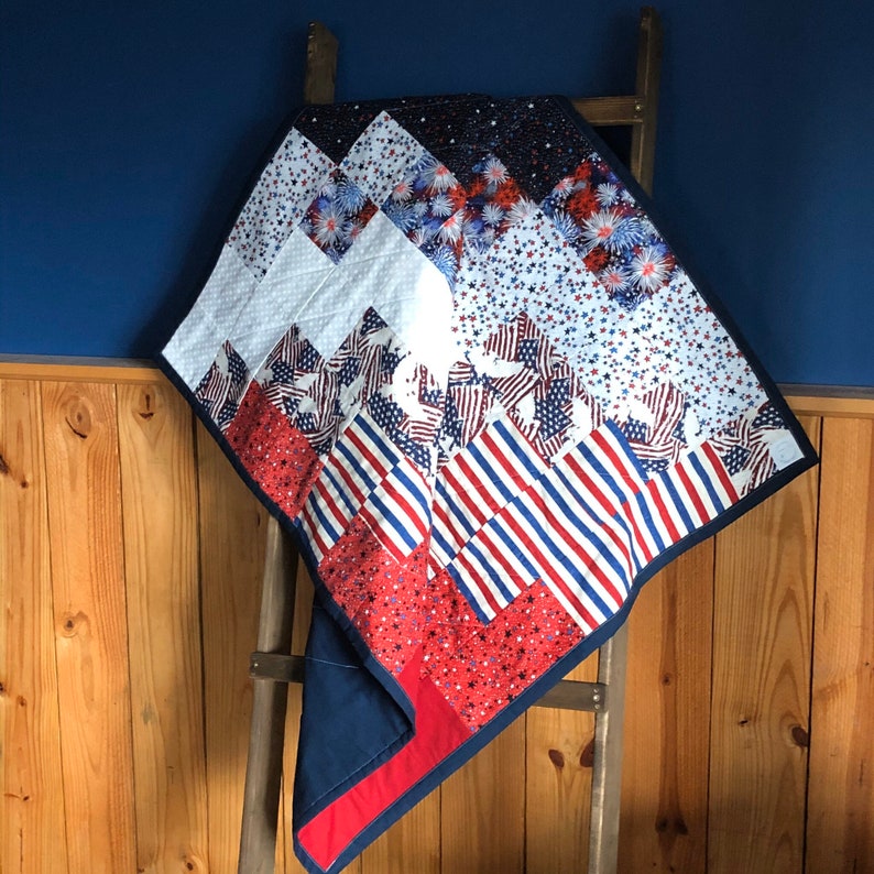 Patriotic Quilt for Firefighter Gift for Him American Flag Wall Art. Modern Textile Wall Hanging for Military, Retirement or Birthday Gift. image 2