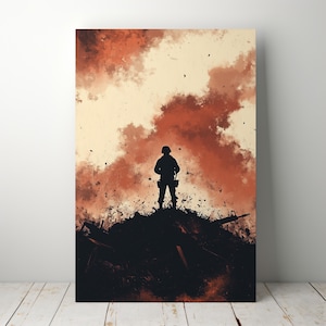 Może przedstawiać: Sylwetka żołnierza stojącego na stercie gruzów na tle pomarańczowych i brązowych chmur akwarelowych.