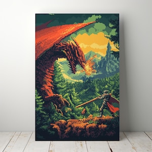 Pixel Art Poster 2 – Knight vs Dragon Retro Gaming Inspired, Printable Pixel Art, Geeky Home Decor, Perfect for Gamers and Fantasy Lovers