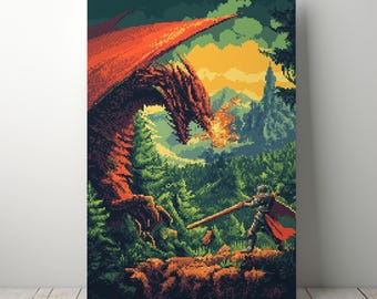 Pixel Art Knight vs Dragon Poster – Retro Gaming Print (Digital Download)