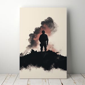 May include: A silhouette of a soldier standing on a pile of rubble with smoke and fire in the background. The soldier is wearing a helmet and carrying a rifle. The image is in shades of black, white, and red.