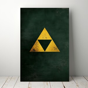 May include: A gold triangular symbol, known as the Triforce, on a dark green background. The symbol is a popular icon from the Legend of Zelda video game series.