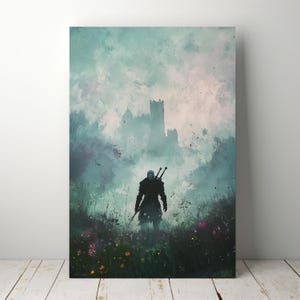 May include: A silhouette of a person with a sword on their back walking through a field of flowers towards a castle in the distance. The scene is painted in shades of blue and green with a misty atmosphere.