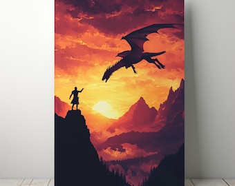 Dragon Encounter Wall Art Print | Fantasy Sunset Warrior Poster | Digital RPG Artwork for Game Room | Epic Adventure Download