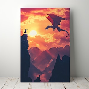 Drachen Begegnung Wand Kunst Druck 2 | Poster Fantasy Sonnenuntergang Krieger | Digitale RPG Kunstwerke für Spielzimmer | Episches Abenteuer Herunterladen