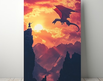 Fantasy Sunset Dragon Poster | Epic RPG Warrior Art (Digital Download)