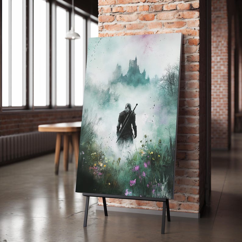 Puede incluir: Una pintura digital de una figura en un bosque oscuro, caminando hacia un castillo distante. La figura lleva una capa oscura y lleva una espada. El bosque est&aacute; lleno de niebla y neblina, y el castillo apenas se ve en la distancia.