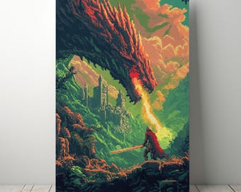 Pixel Art Knight vs Dragon Poster – Retro Gaming Print (Digital Download)