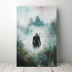 May include: A digital painting of a man in a dark hooded cloak and pants, holding a sword, walking through a foggy forest towards a castle in the distance. The forest is filled with colorful flowers and the sky is a soft blue with pink and purple hues.
