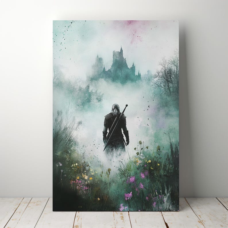 Puede incluir: Una pintura digital de un hombre con una capa oscura con capucha y pantalones, sosteniendo una espada, caminando por un bosque brumoso hacia un castillo en la distancia. El bosque est&aacute; lleno de flores coloridas y el cielo es de un azul suave con matices de rosa y morado.
