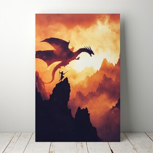 Hero vs Dragon Wandkunst | Feurige Fantasy Schlacht Digitales Poster | Nordischer Krieger Silhouette Print | Herunterladbare RPG-Dekor