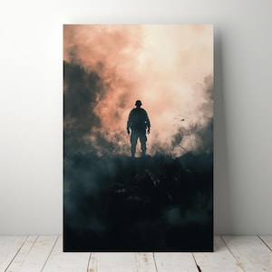 May include: A silhouette of a soldier standing in a field of smoke and fog. The soldier is wearing a helmet and a uniform. The background is a hazy orange and yellow.