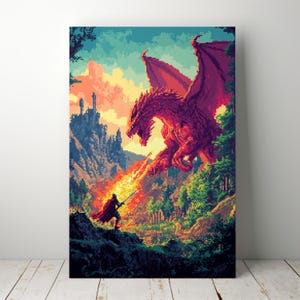 Pixel Art Poster  – Knight vs Dragon Retro Gaming Inspired, Printable Pixel Art, Geeky Home Decor, Perfect for Gamers and Fantasy Lovers