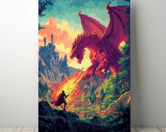 Knight vs Dragon Pixel Art Poster – Retro Gaming Print (Digital Download)