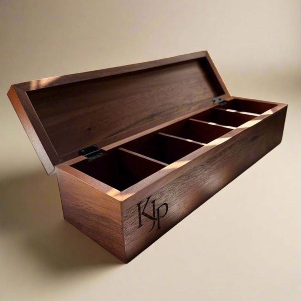 Monogram Acacia Wood Tea Box - 5 Compartment Organizer