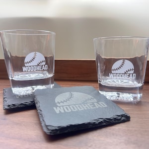 Custom Baseball Whiskey Glasses – Personalized 2-Glass Set with Optional Slate Coasters | Engraved Sports Barware Gift for Coach or Dad