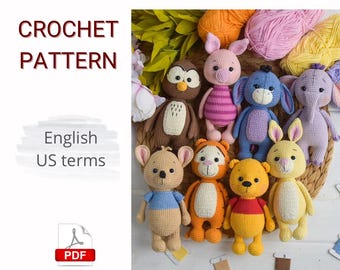 SET 8en1 PATRONES DE CROCHET Amigurumi Vinnie the Pooh y todos-todos-todos / Piglet / Eyeore / Heffalump / Tigre / Conejo / Canguro Roo / Búho