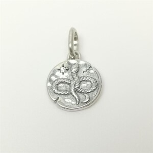 May include: Silver pendant with a coiled snake design on a circular charm. The charm includes a star and crescent moon, with a loop for a chain. The pendant has a textured, antique finish.