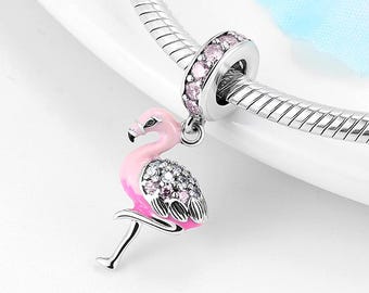 Pandora 925 Sterling Silver Pink Sparkling CZ Flamingo Charms DIY Bead jewelry