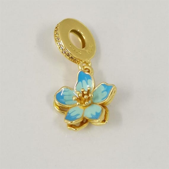 Pandora Blue Blossom Golden Dangle Charm - Etsy Israel