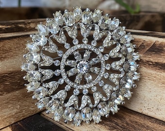 1950's Wagon Wheel Circle Rhinestone Brooch, 1950's Rhinestone Brooch, Mid Century Jewelry, Vintage Costume Jewelry, Clear Rhinestone