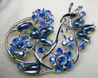 Vintage 1950s Rhinestone Brooch Pin Aurora Borealis Cabochons Silver Tone - Mother's Day Gift