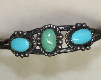Vintage 1950's Sterling Silver Genuine Turquoise | 3 Stone Cuff Bracelet | Native American Jewelry | Western | Navajo History