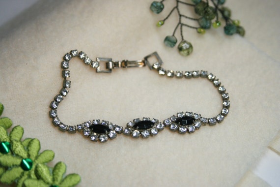 Vintage 1980's Rhinestone 6" Bracelet | Oval Blac… - image 1