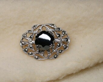 Vintage 1930's Sterling Silver Art Deco Brooch Pin | Marcasite | Delicate Silver Filigree