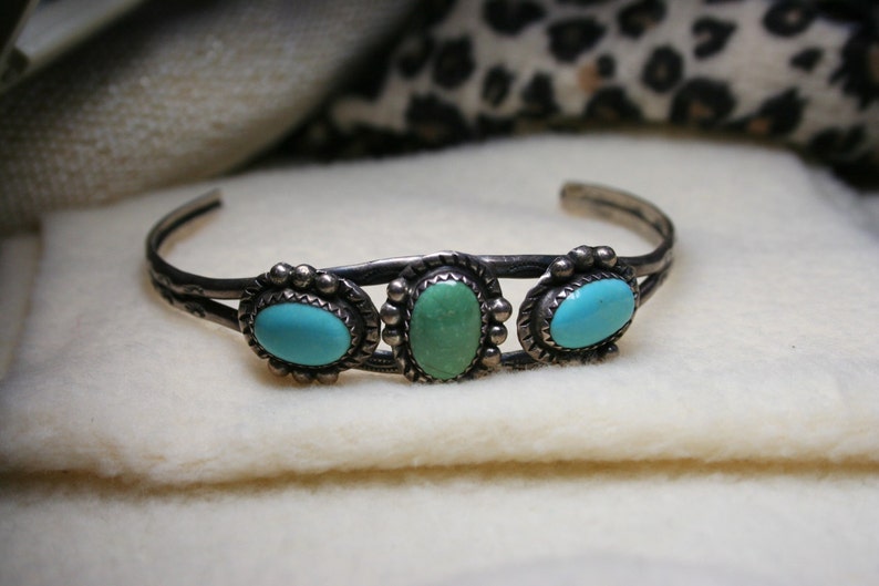 Vintage 1950's Sterling Silver Genuine Turquoise | 3 Stone Cuff Bracelet | Native American Jewelry | Western | Navajo History