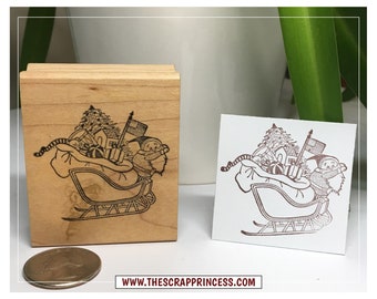 Santa's Sleigh with USA Flag Vintage Rubber Stamp | 1990's | Great Impressions