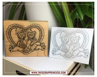 Country Bear Couple Lace Heart Vintage Rubber Stamp | Old Fashioned | Farmhouse Style | 1990's