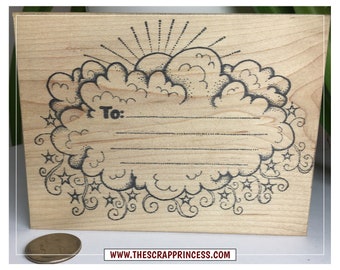 Cloud Address TO Stamp | Sunshine | Stars | Swirls | Vintage Rubber Stamp | 1994 | Double D S5014