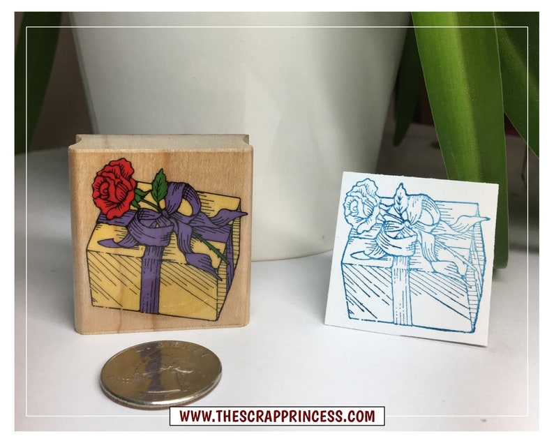 Wrapped With Rose Present Vintage Rubber Stamp 1994 Hero Arts image 1