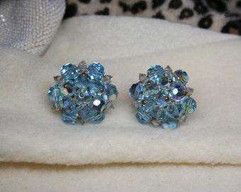 Vintage 1950's Blue Iridescent Stone & Bead Clip-On Earrings Silver