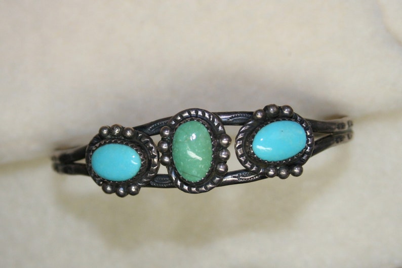 Vintage 1950's Sterling Silver Genuine Turquoise | 3 Stone Cuff Bracelet | Native American Jewelry | Western | Navajo History