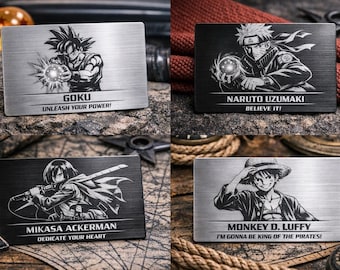 Portafoglio in metallo personalizzato con silhouette di anime — Acciaio inossidabile inciso — Personaggio e citazione personalizzati