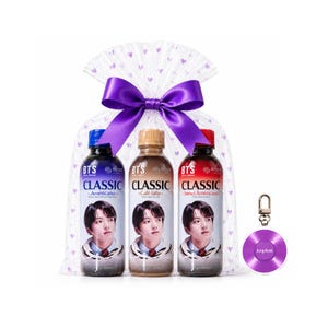 May include: Three plastic bottles of BTS Classic coffee in Americano, Café latte, and Sweet Americano flavors, each featuring a portrait of Jung Kook. The bottles are inside a sheer white gift bag with purple hearts and a large purple satin bow.