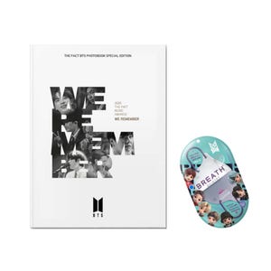 May include: A white photobook with the text "WE REMEMBER" and the BTS logo, next to a teal package of face masks. The photobook is labeled "THE FACT BTS PHOTOBOOK SPECIAL EDITION". The mask package says "BREATH QUINTET".
