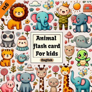 Może przedstawiać: Kolorowe, ilustrowane karty do nauki dla dzieci przedstawiające różne zwierzęta, w tym lwa, słonia, żyrafę, żółwia i wiele innych. Karty mają pomóc dzieciom w poznaniu różnych zwierząt i ich nazw. Tekst na kartach brzmi "Animal flash card For kids English".