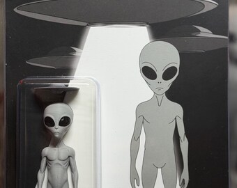 Custom Carded Grey Alien 3.75" Figure UFO Edition Handmade Collectible - Believe Cryptid Craftwork