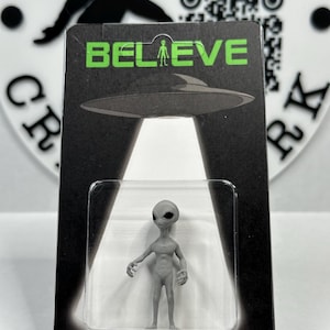 Puede incluir: Una figura de alienígena gris en una funda de plástico transparente, con una tarjeta en blanco y negro detrás. La tarjeta dice "BELIEVE" en letras verdes, con una ilustración de un OVNI. El alienígena tiene grandes ojos negros y está de pie.