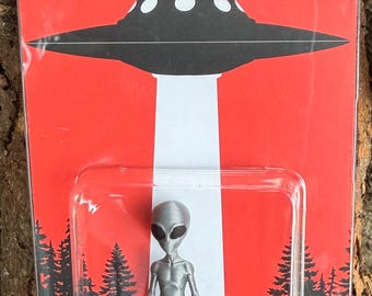 Silver Alien Abduction Miniature 2” Figure UFO Believe Red Card Edition - Cryptid Craftwork