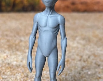 May include: A gray, humanoid alien figurine with a large, smooth, oval-shaped head and prominent, glossy black, almond-shaped eyes. The figure has a slender, muscular torso, thin arms and legs, and stands upright on a clear, circular plastic base.